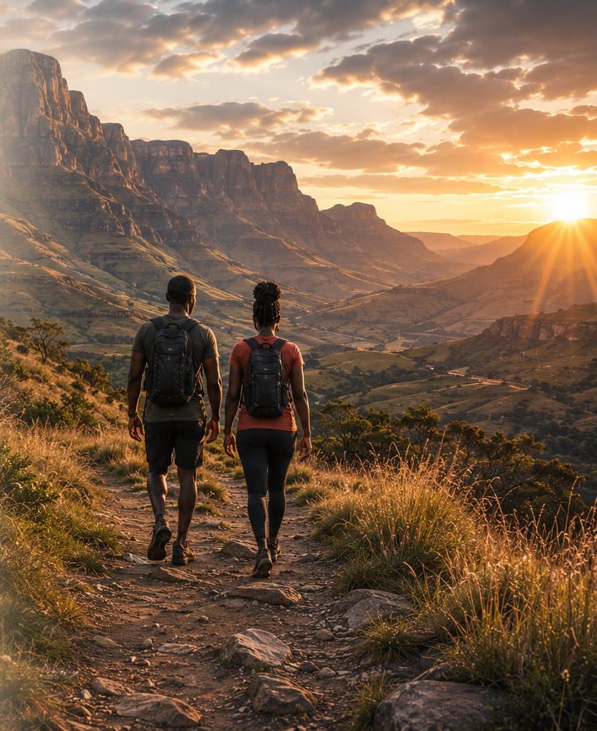 Two hikers walking toward a mountain sunset